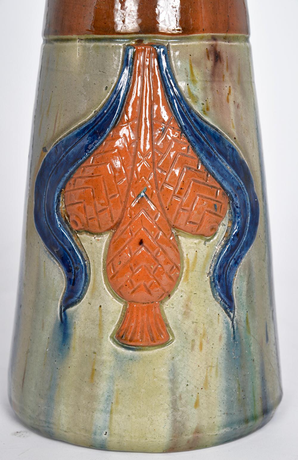 Vase en faïence émaillée Art Nouveau 1900s Flemish Studio Pottery Folk Art en vente 1