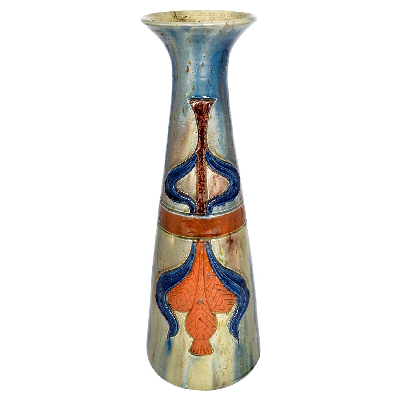 Flemish Studio Pottery Art Nouveau Drip Glazed Earthenware Vase 1900s Folk Art For Sale