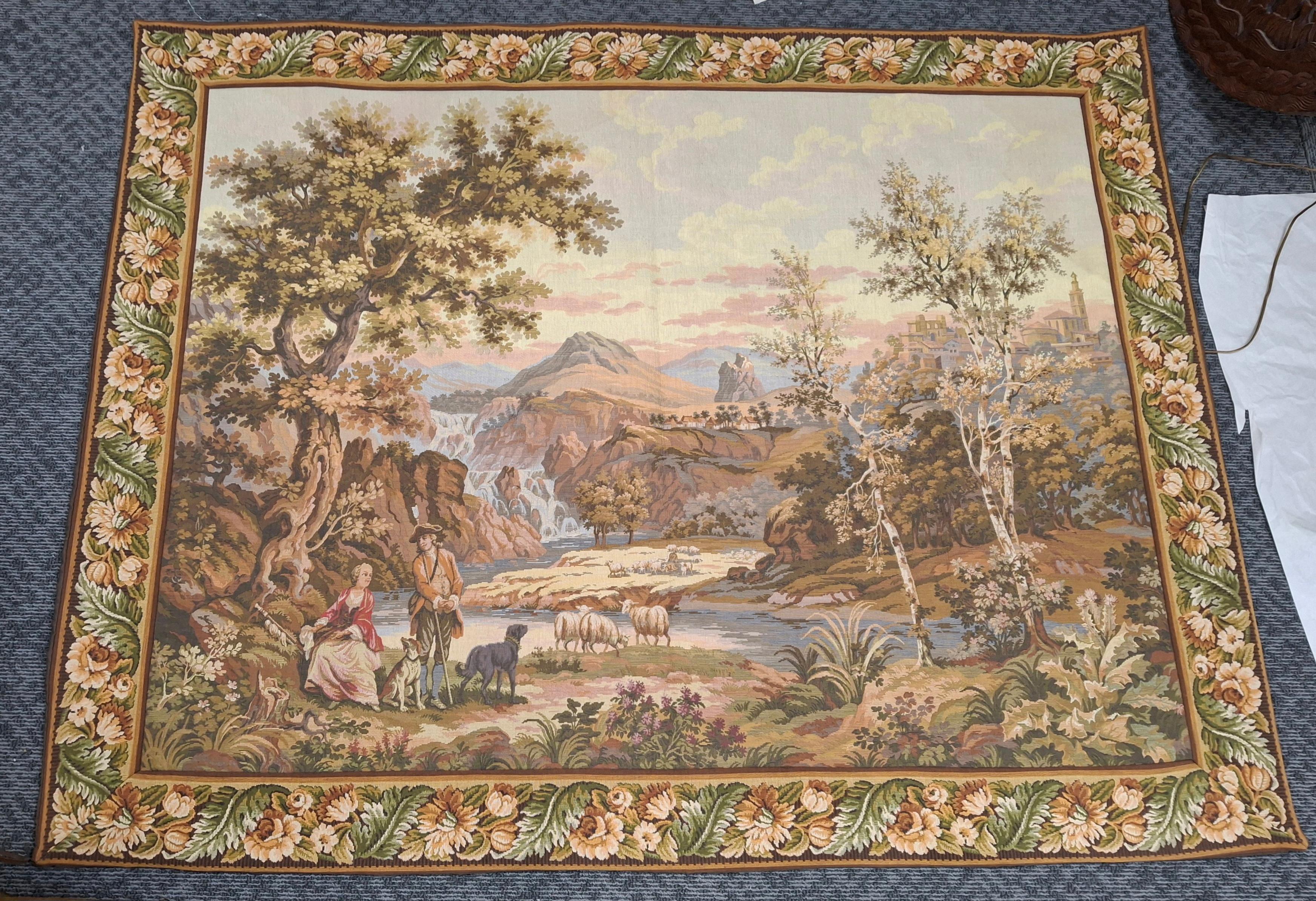 Eine Mitte des 20. Jahrhunderts flämischen Stil Hirte in einer bukolischen Landschaft Wandteppich. 
Maße: 64