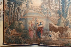Flemish Tapestry 18th C Pastoral Landscape with Sheep and Cow with Shepherdess