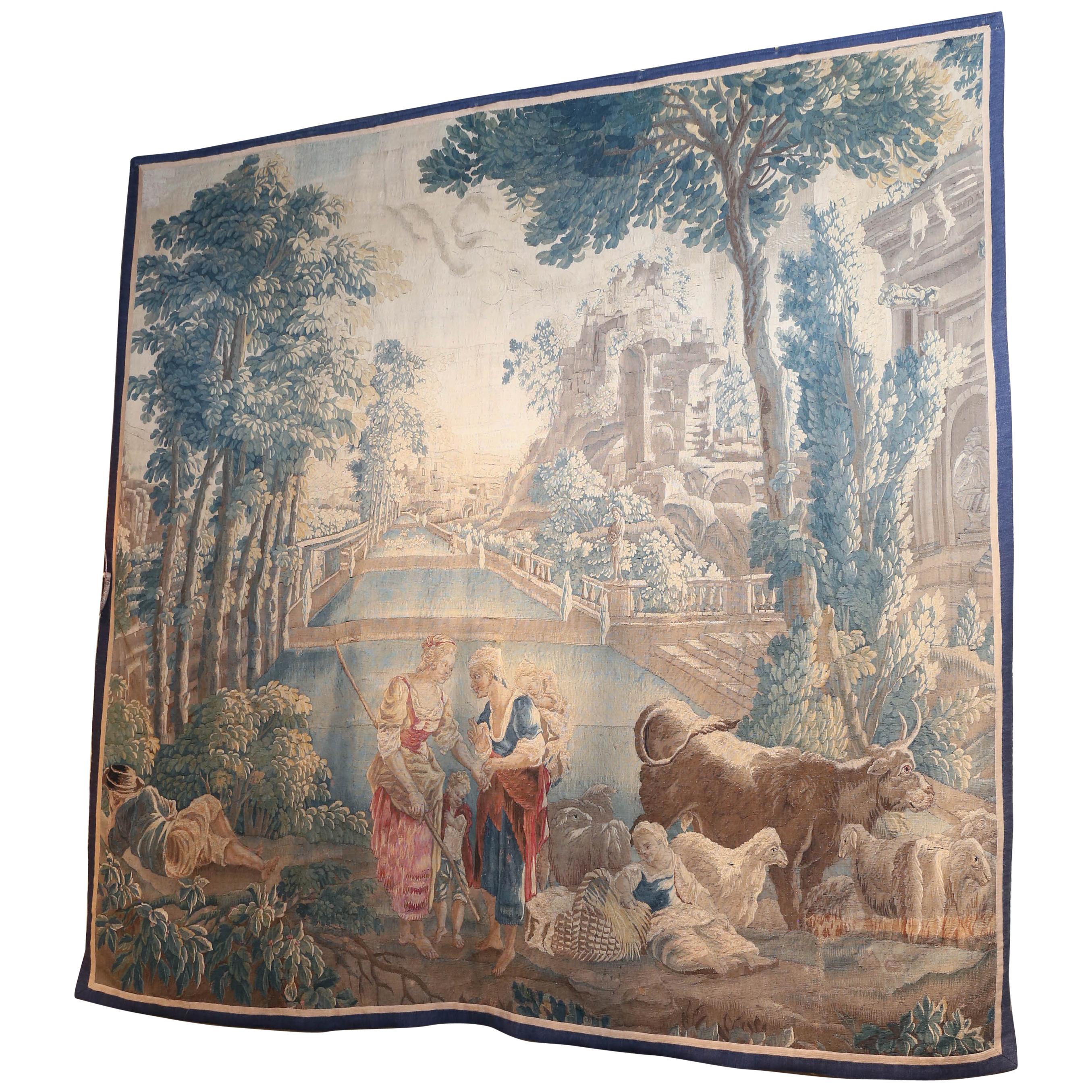Flemish Tapestry 18th C Pastoral Landscape with Sheep and Cow with Shepherdess