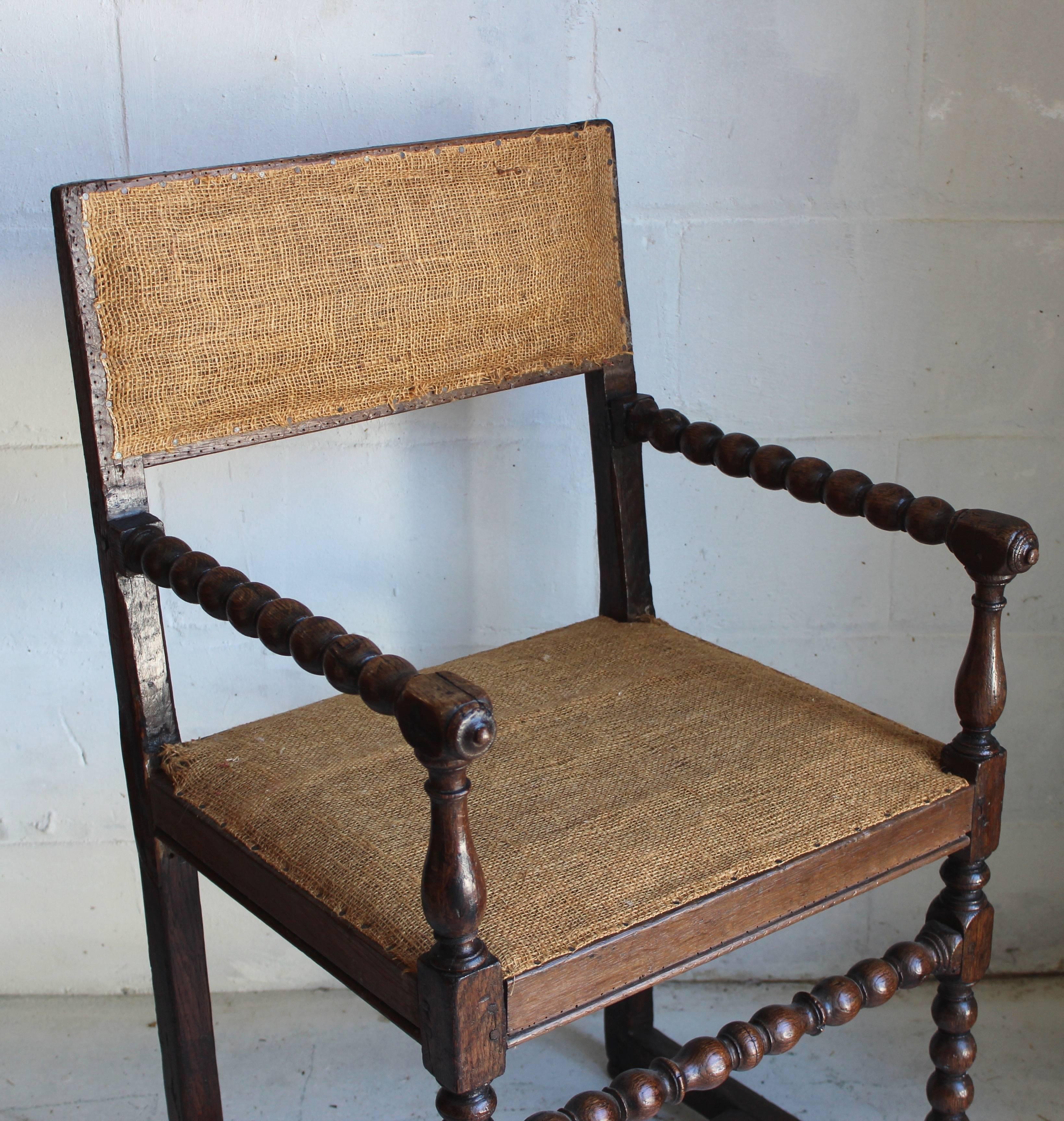 Early 19th century Continental turned walnut chair with upholstered seat and back.