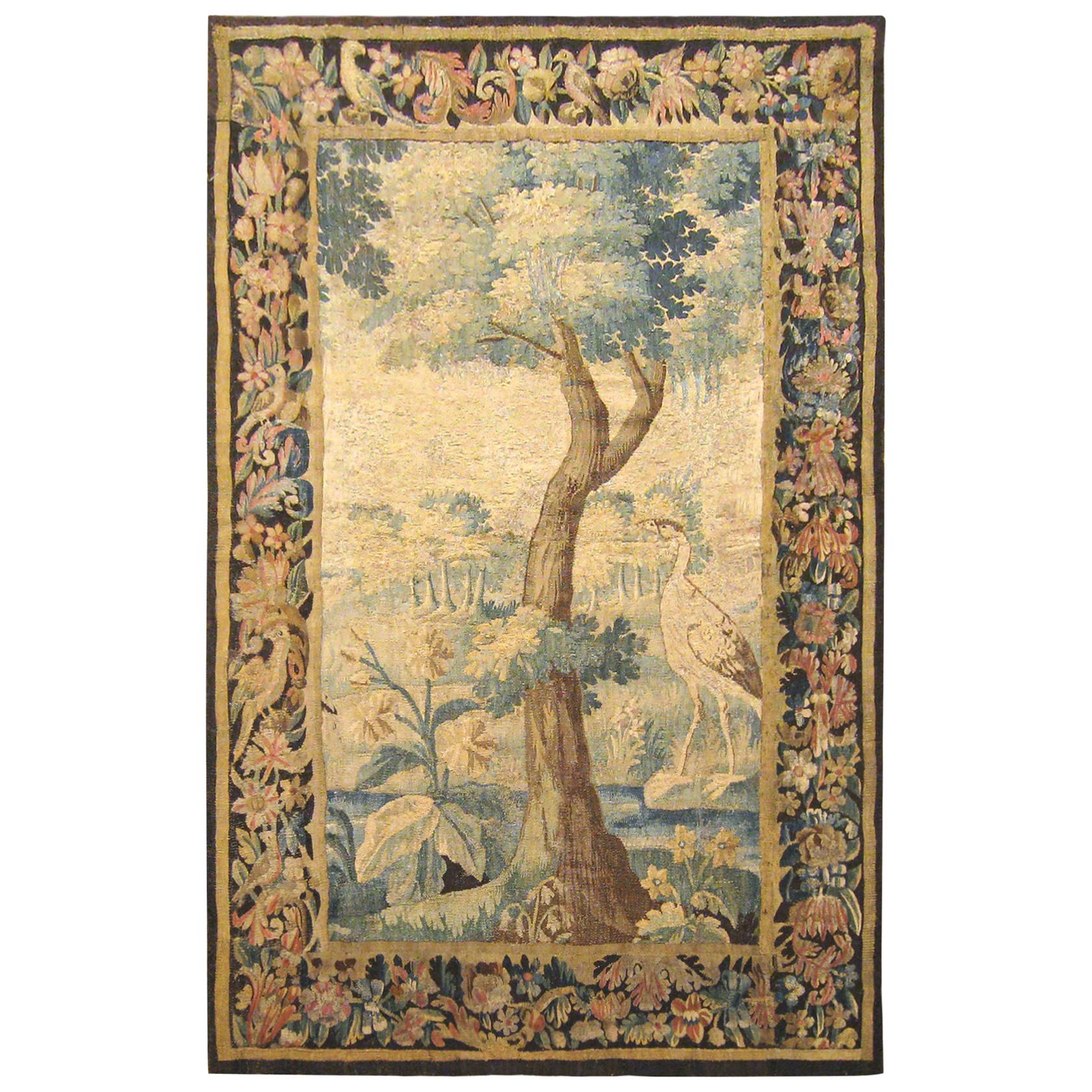 Flemish Verdure Landscape Tapestry Panel, with Large Tree and Foliate Border