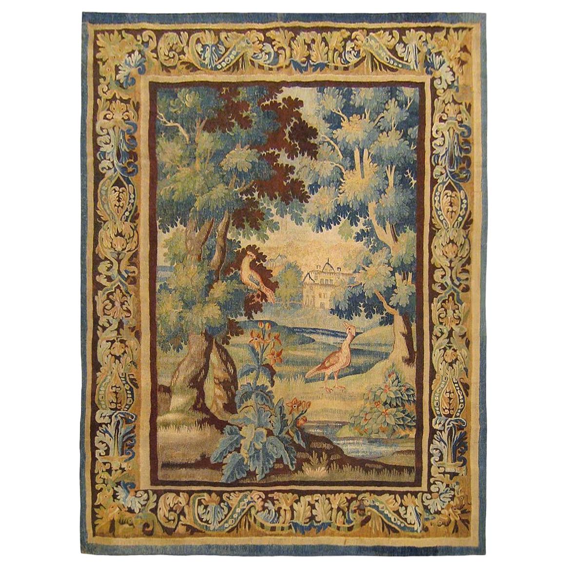 Flemish Verdure Landscape Tapestry, with Exotic Birds in a Lush Setting For Sale