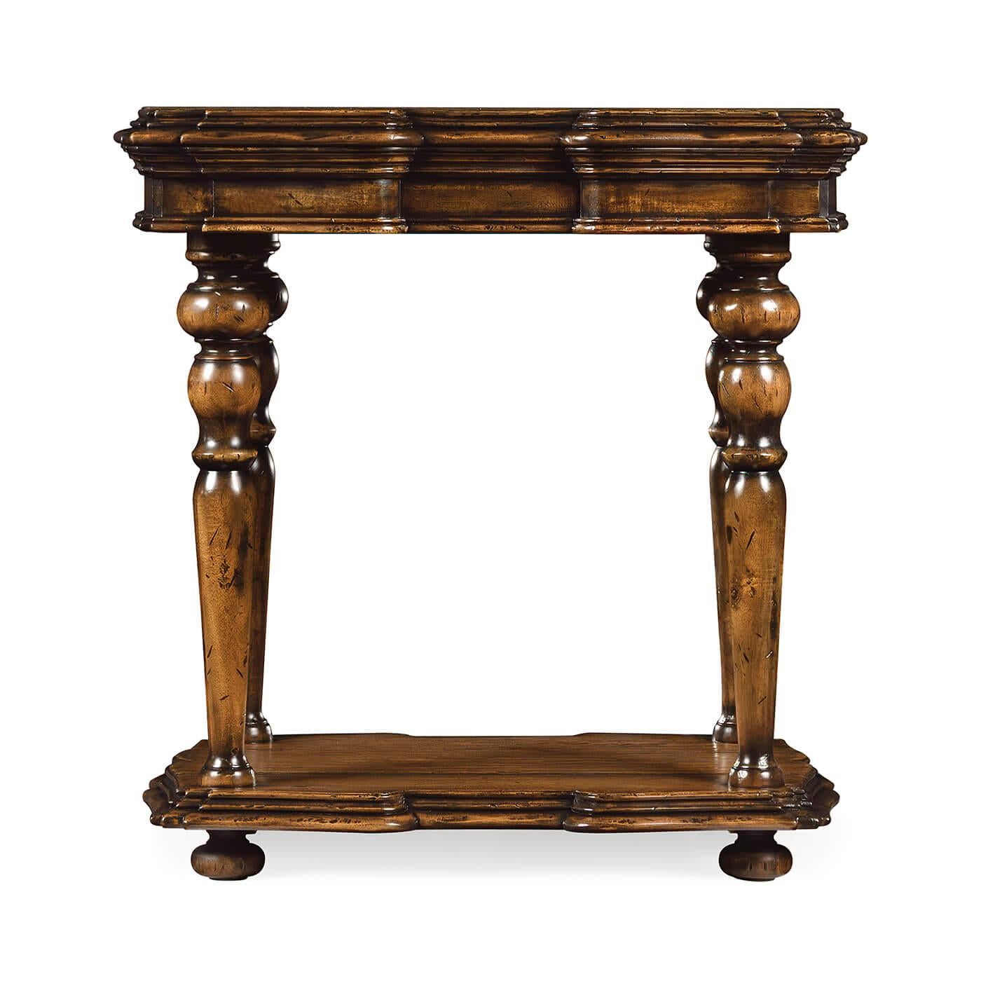 Early Flemish style heavily distressed rustic walnut wood side tabla, with deep serpentine and carved moldings on boldly turned and tapered legs with a shaped shelf stretcher base and bun feet.

Dimensions: 28