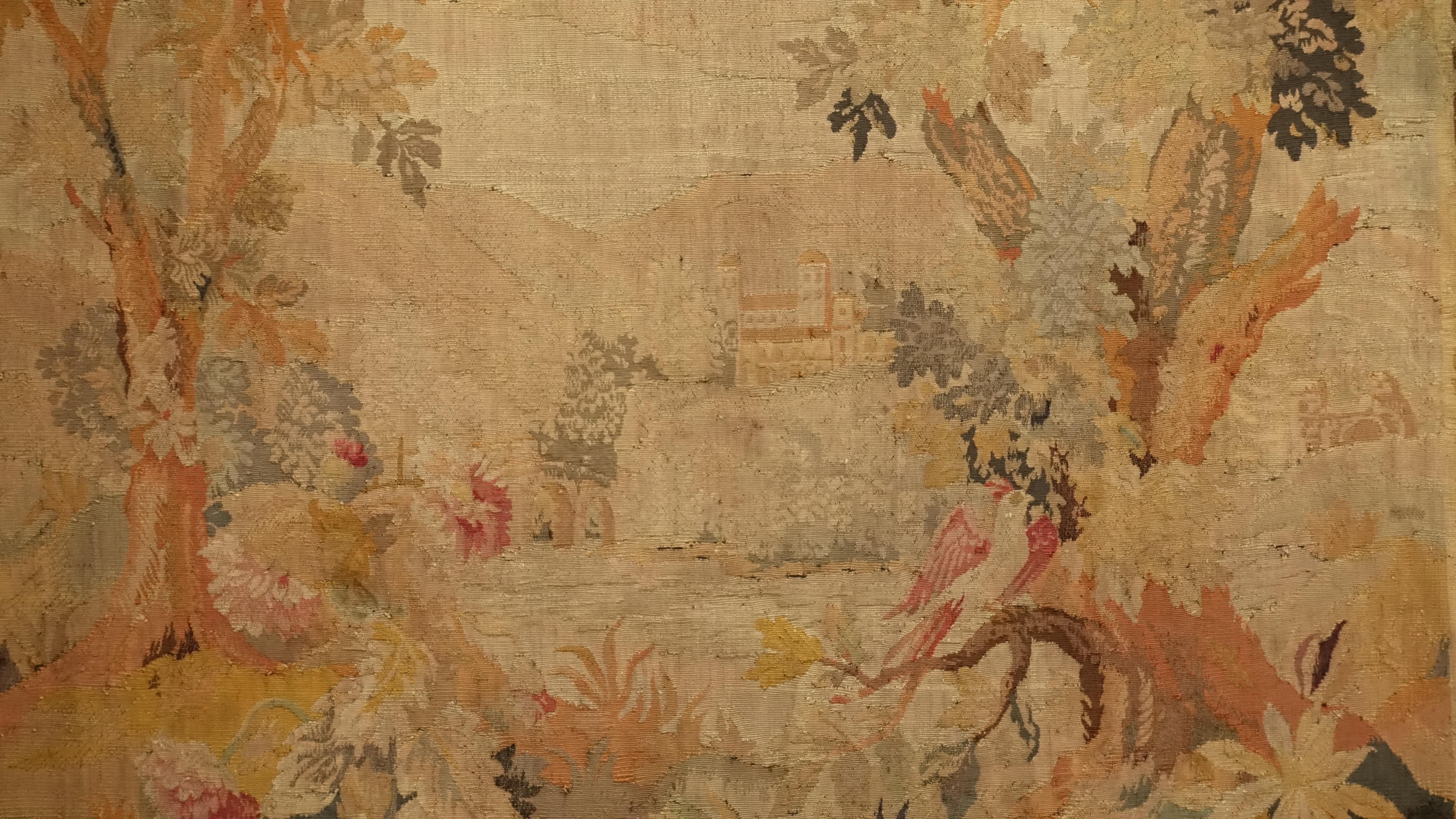 Flemish Wool Tapestry Wall Hanging with Castle and Forest Scene, 19th Century 7