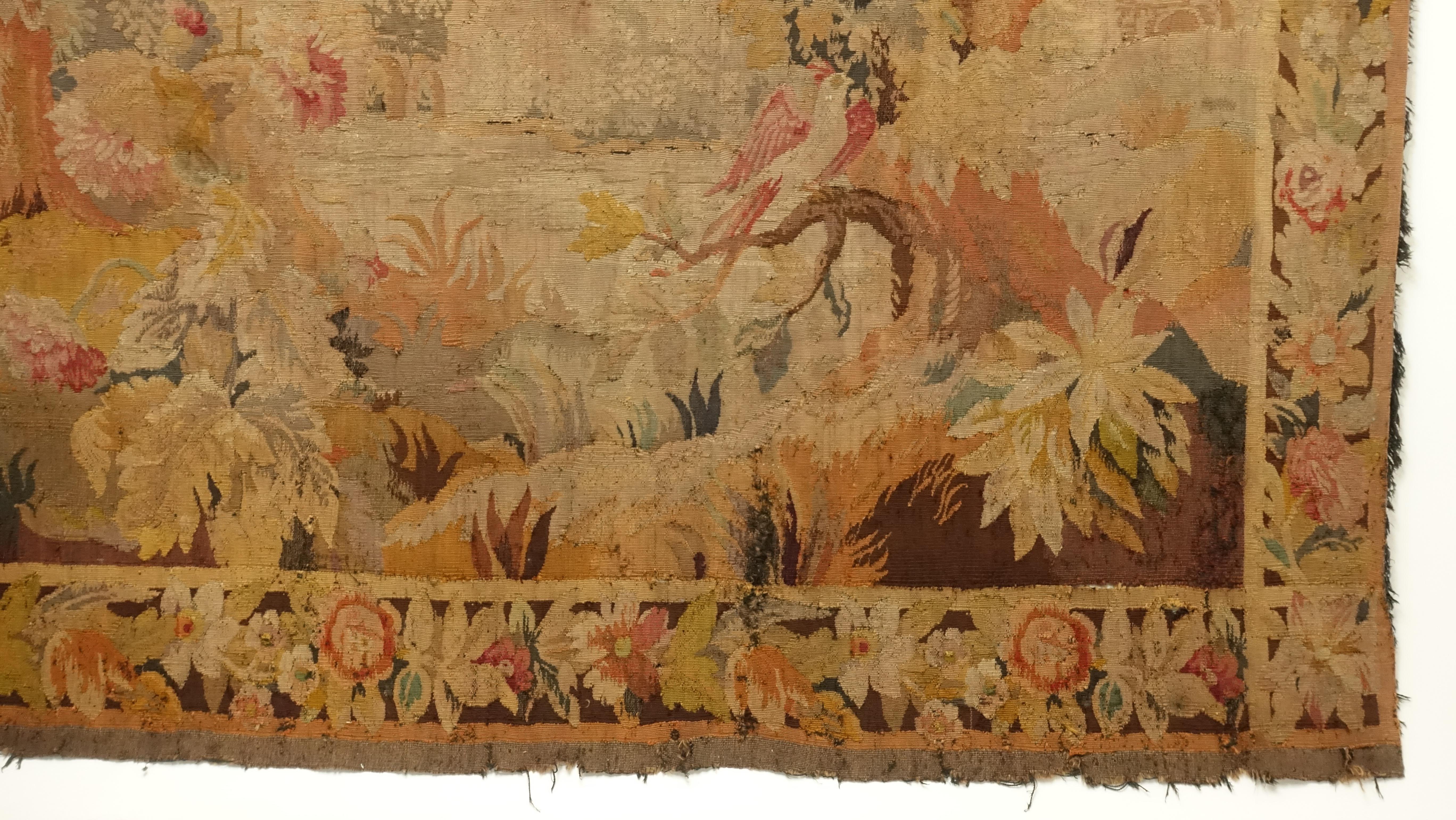 Flemish Wool Tapestry Wall Hanging with Castle and Forest Scene, 19th Century 1