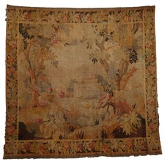 Antique Flemish Wool Tapestry Wall Hanging with Castle and Forest Scene, 19th Century