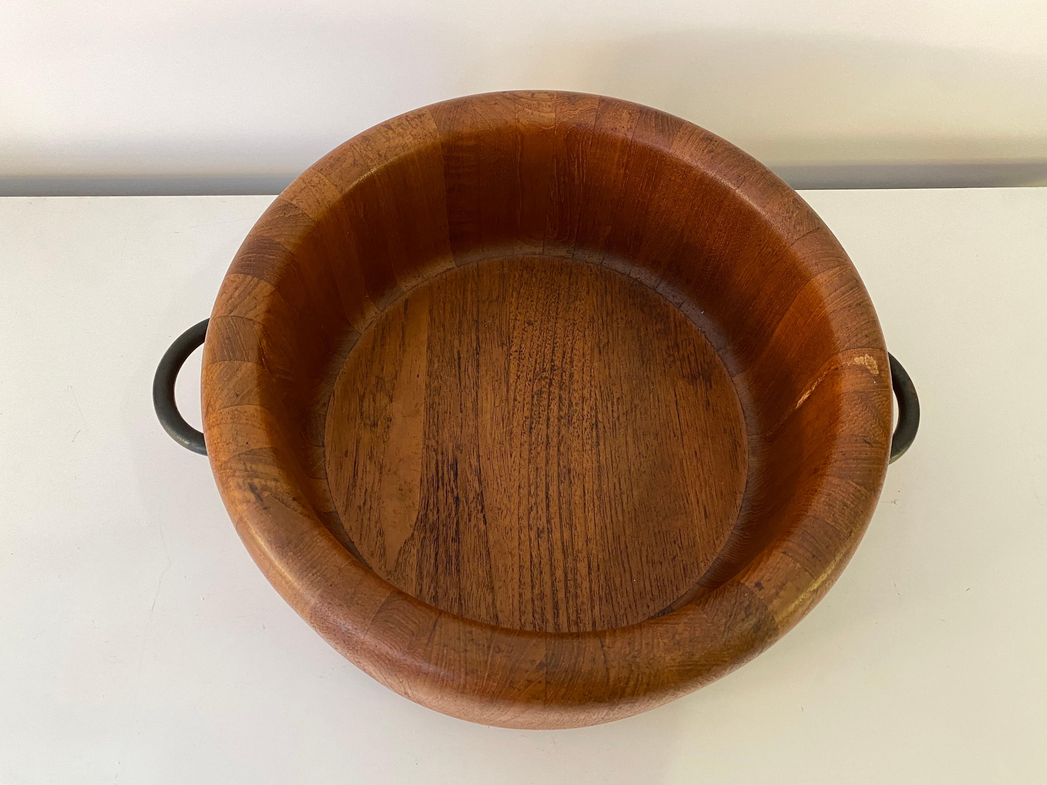 Flemming Digsmed teak salad bowl with half-round metal handles. Solid Teak Construction. Very nice quality!.