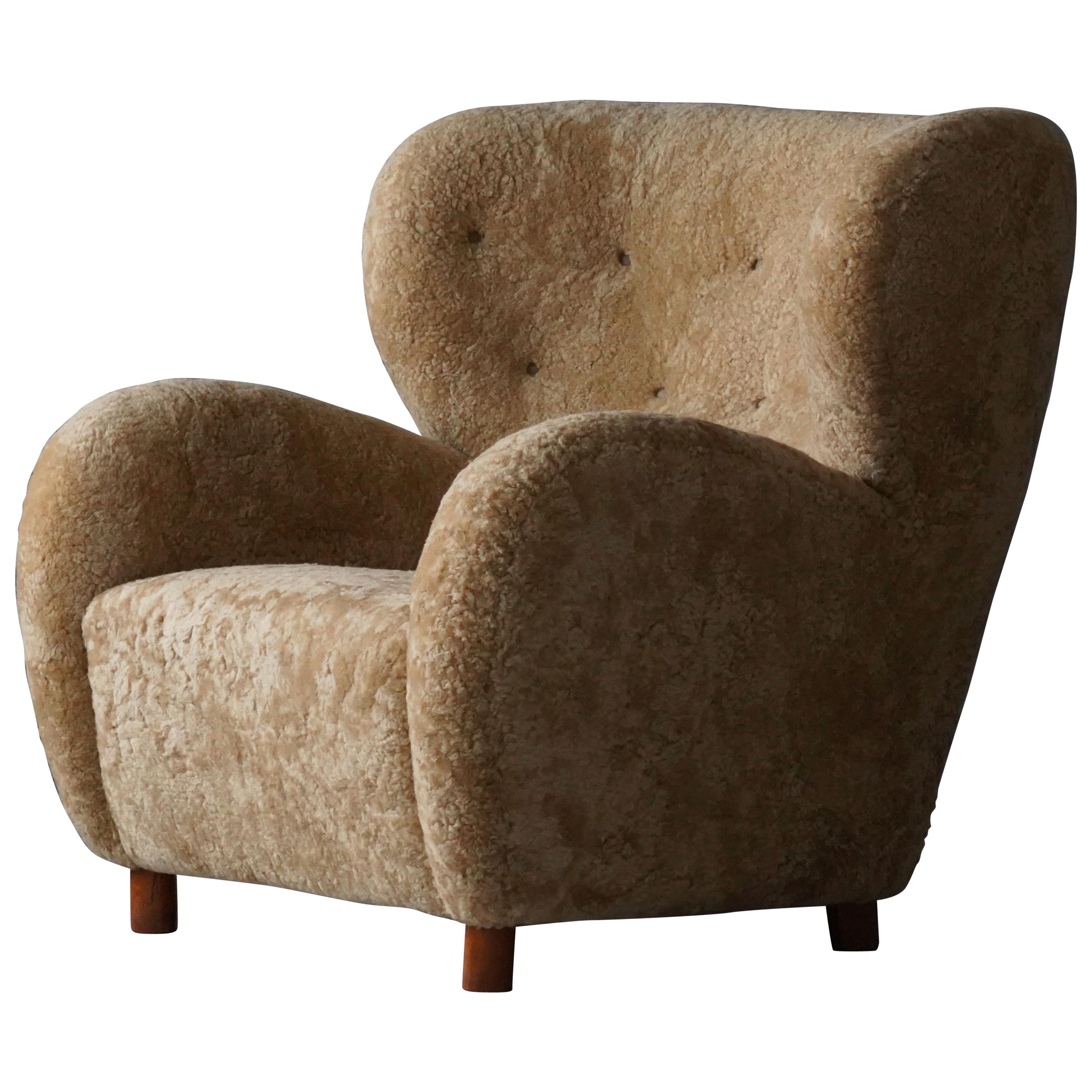 Flemming Lassen 'Attribution' Lounge Chair, Beige Sheepskin Beech, Denmark 1940s