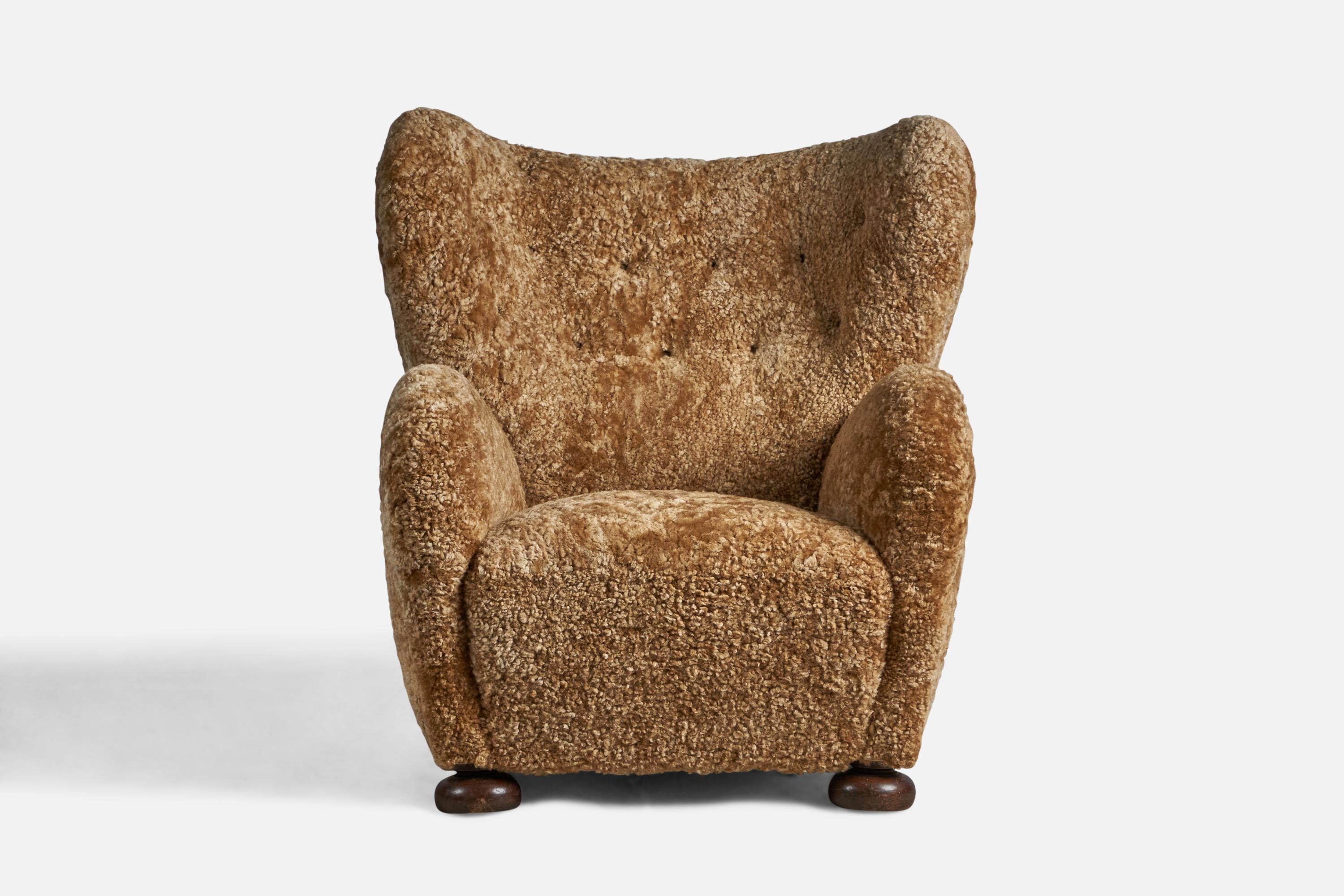 Flemming Lassen Attribution, Lounge Chair, Shearling, Wood, Denmark, 1940s In Good Condition For Sale In High Point, NC