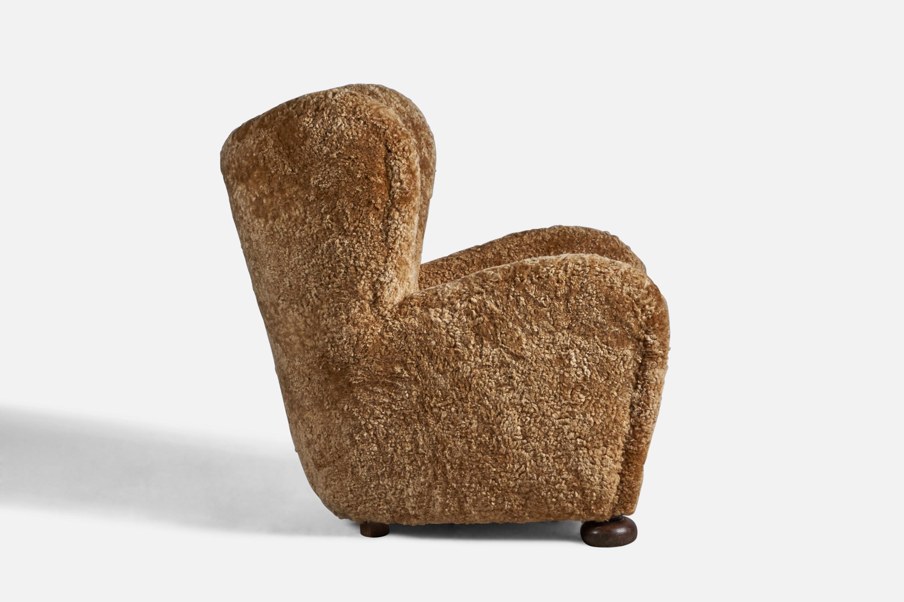 Mid-20th Century Flemming Lassen Attribution, Lounge Chair, Shearling, Wood, Denmark, 1940s For Sale
