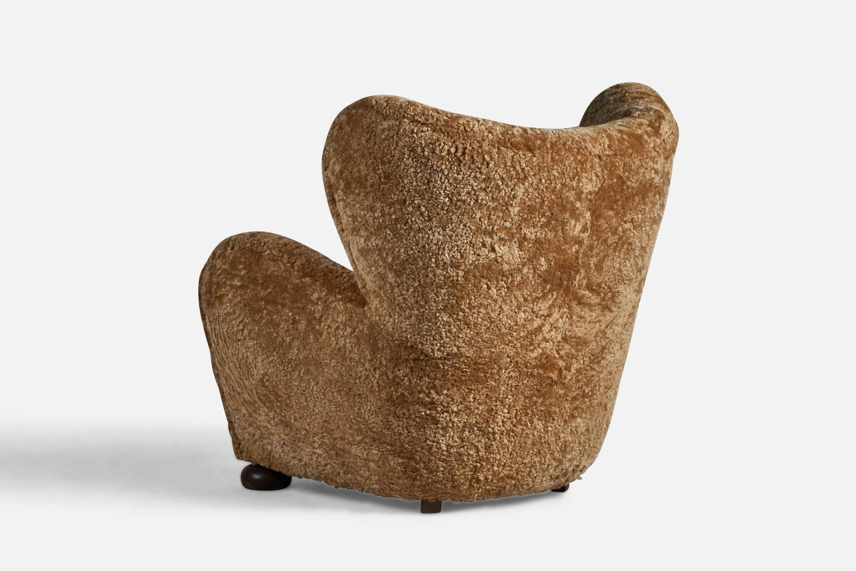 Sheepskin Flemming Lassen Attribution, Lounge Chair, Shearling, Wood, Denmark, 1940s For Sale
