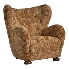 Flemming Lassen Attribution, Lounge Chair, Shearling, Wood, Denmark, 1940s