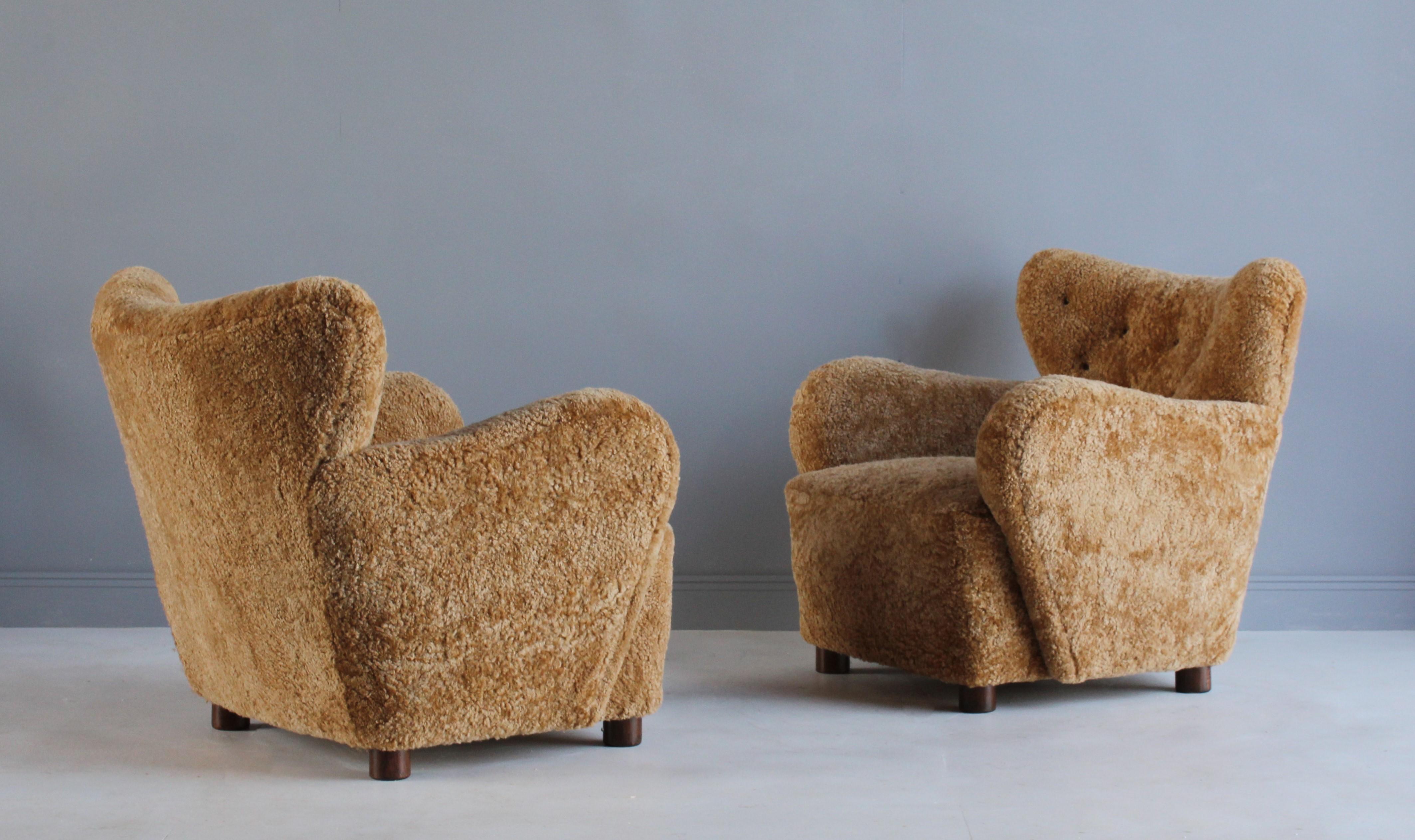 Scandinavian Modern Flemming Lassen ‘Attribution’ Lounge Chairs, Beech, Sheepskin, Denmark, 1940s