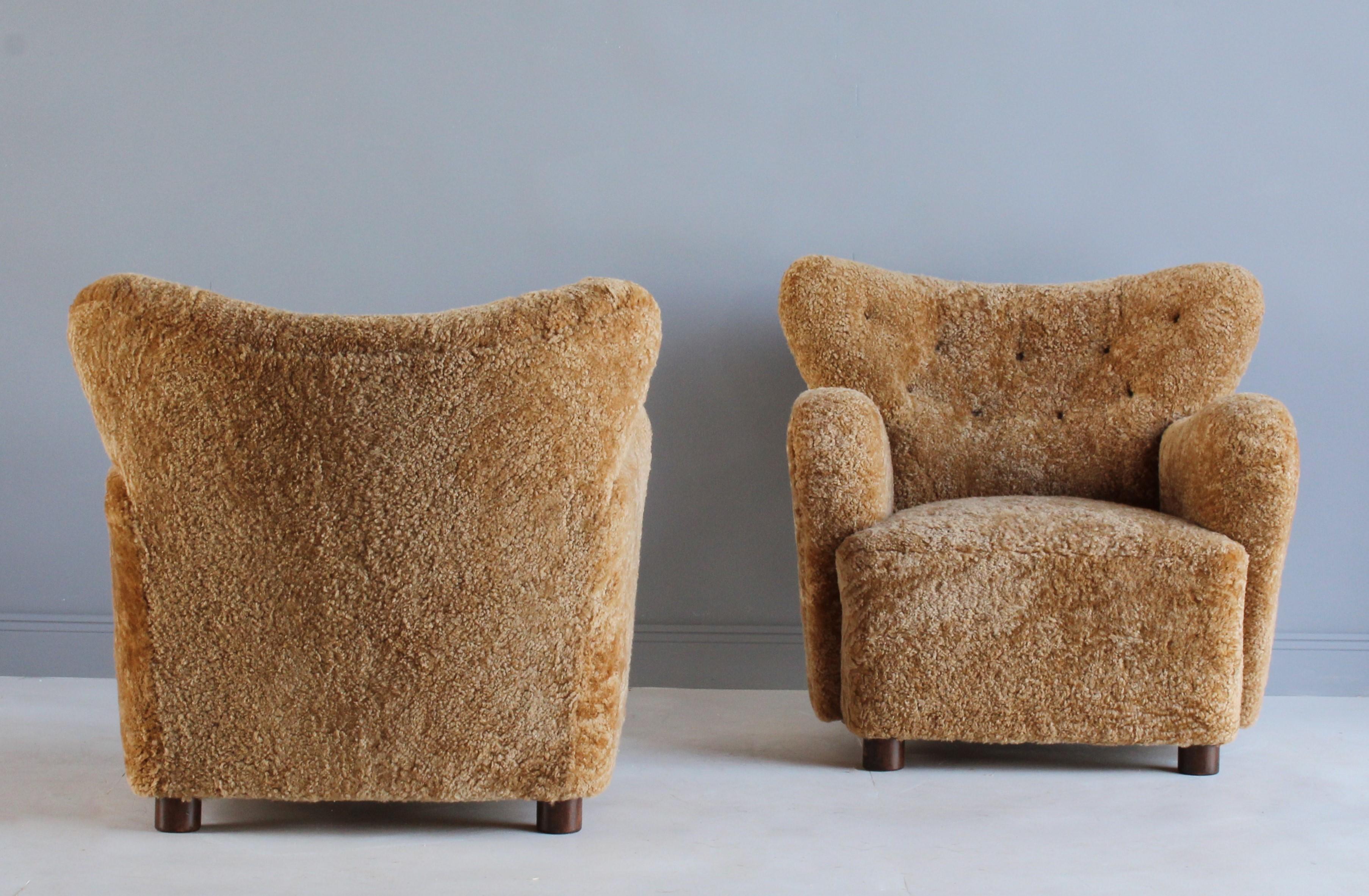 European Flemming Lassen ‘Attribution’ Lounge Chairs, Beech, Sheepskin, Denmark, 1940s