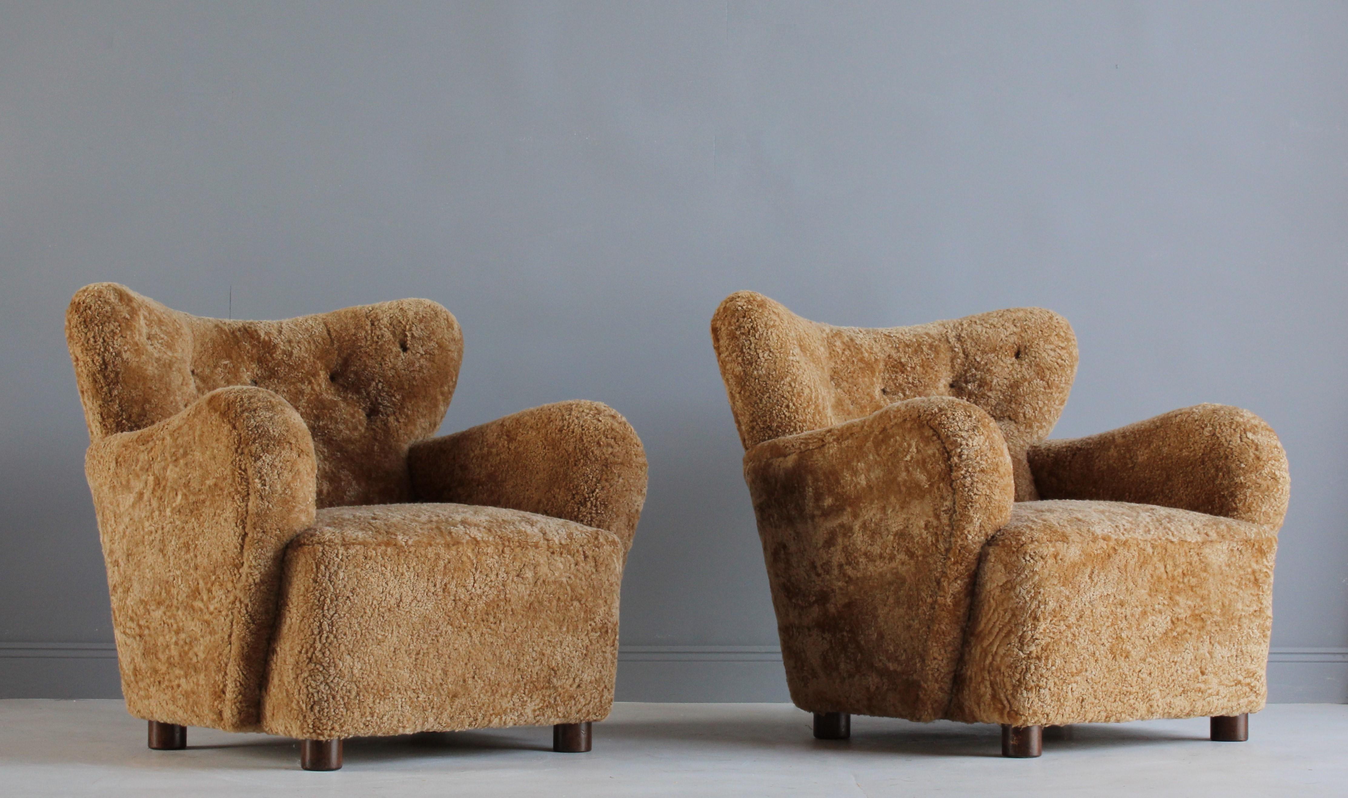 Flemming Lassen ‘Attribution’ Lounge Chairs, Beech, Sheepskin, Denmark, 1940s 2