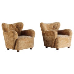 Flemming Lassen ‘Attribution’ Lounge Chairs, Beech, Sheepskin, Denmark, 1940s