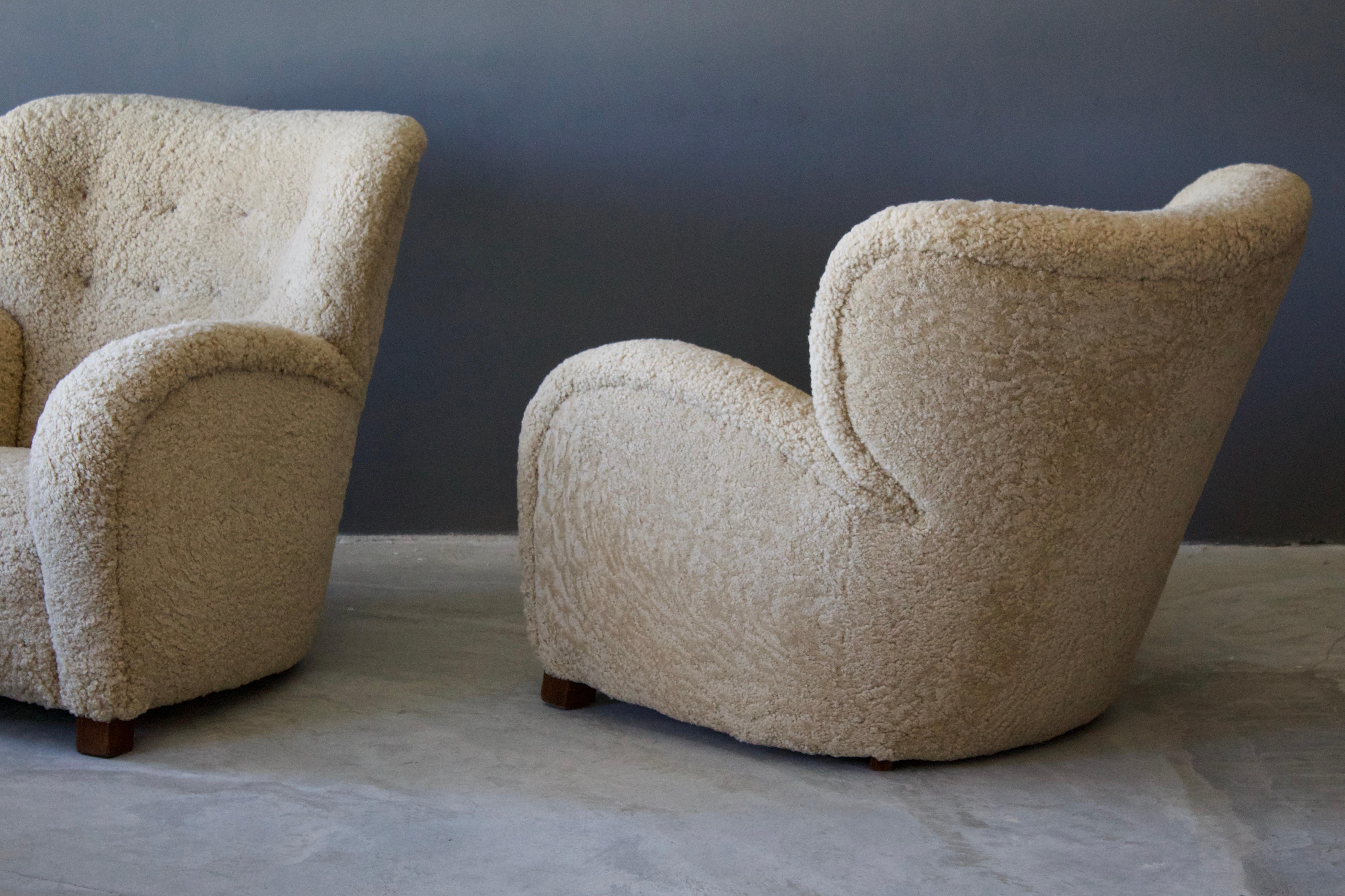 Scandinavian Modern Flemming Lassen 'Attribution' Lounge Chairs Beige Sheepskin Beech, Denmark 1940s