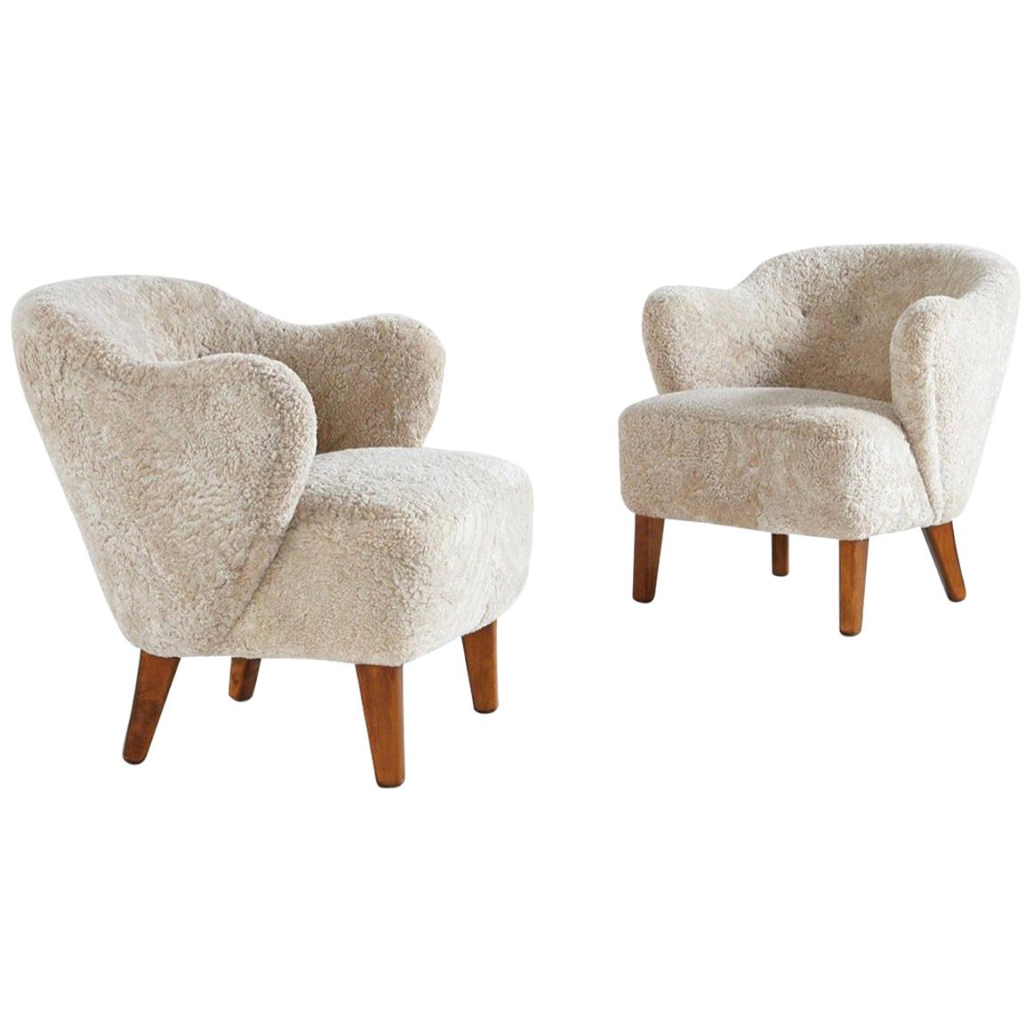 Flemming Lassen Pair of Easy Chairs in Beige Sheepskin, 1940s