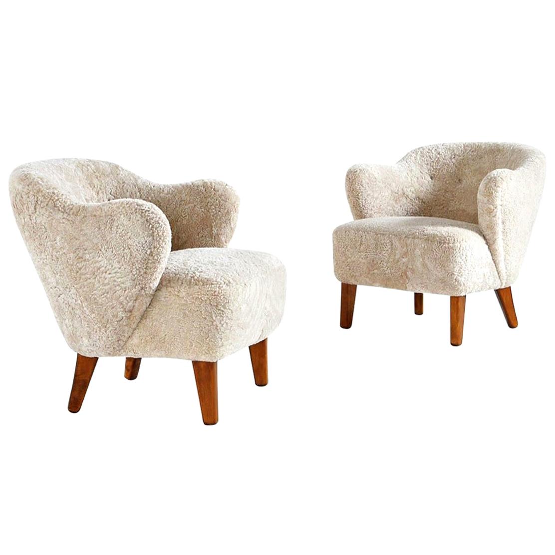 Flemming Lassen Pair of Easy Chairs in Beige Sheepskin, 1940s