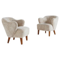 Flemming Lassen Pair of Easy Chairs in Beige Sheepskin, 1940s