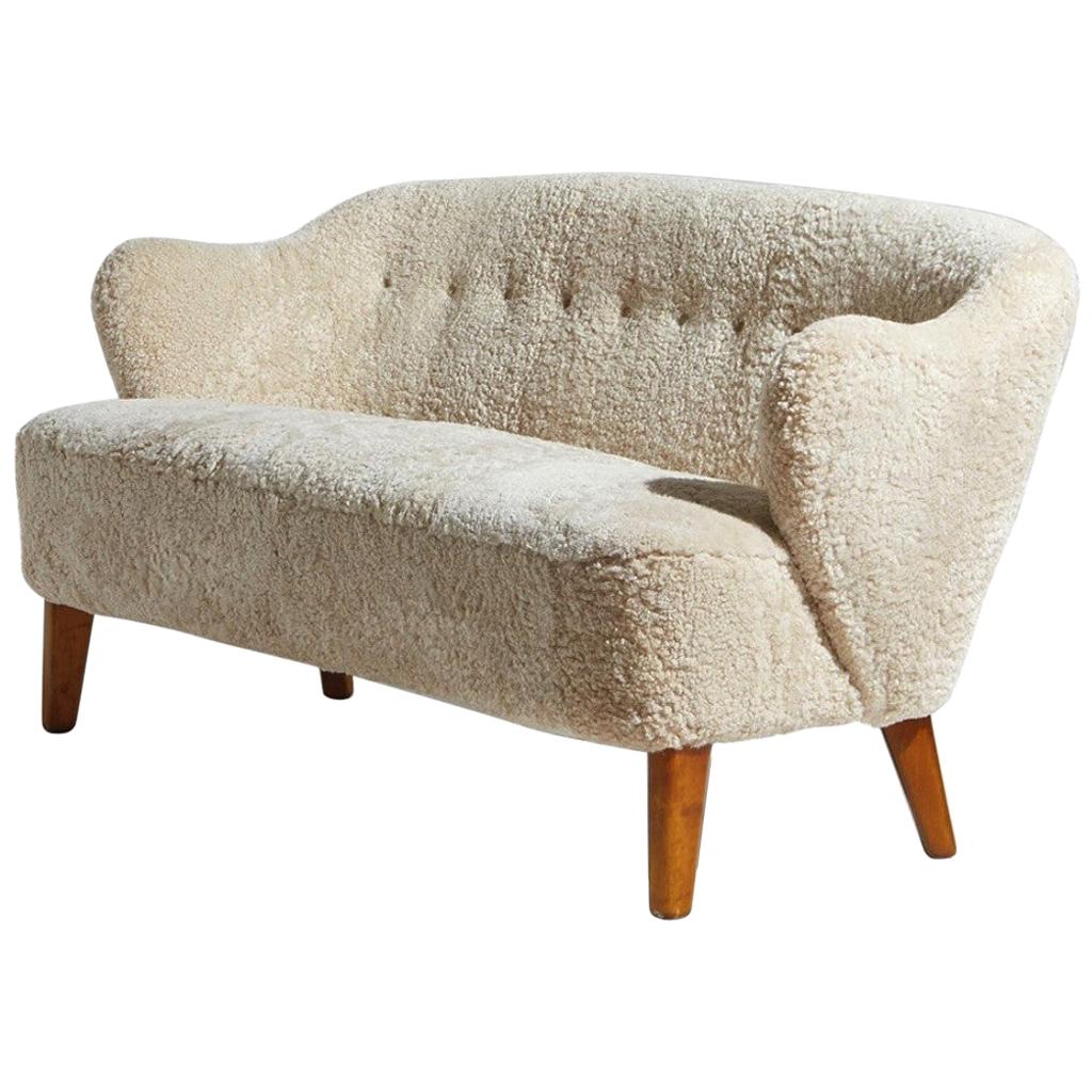 Flemming Lassen Settee in Beige Sheepskin, 1940s