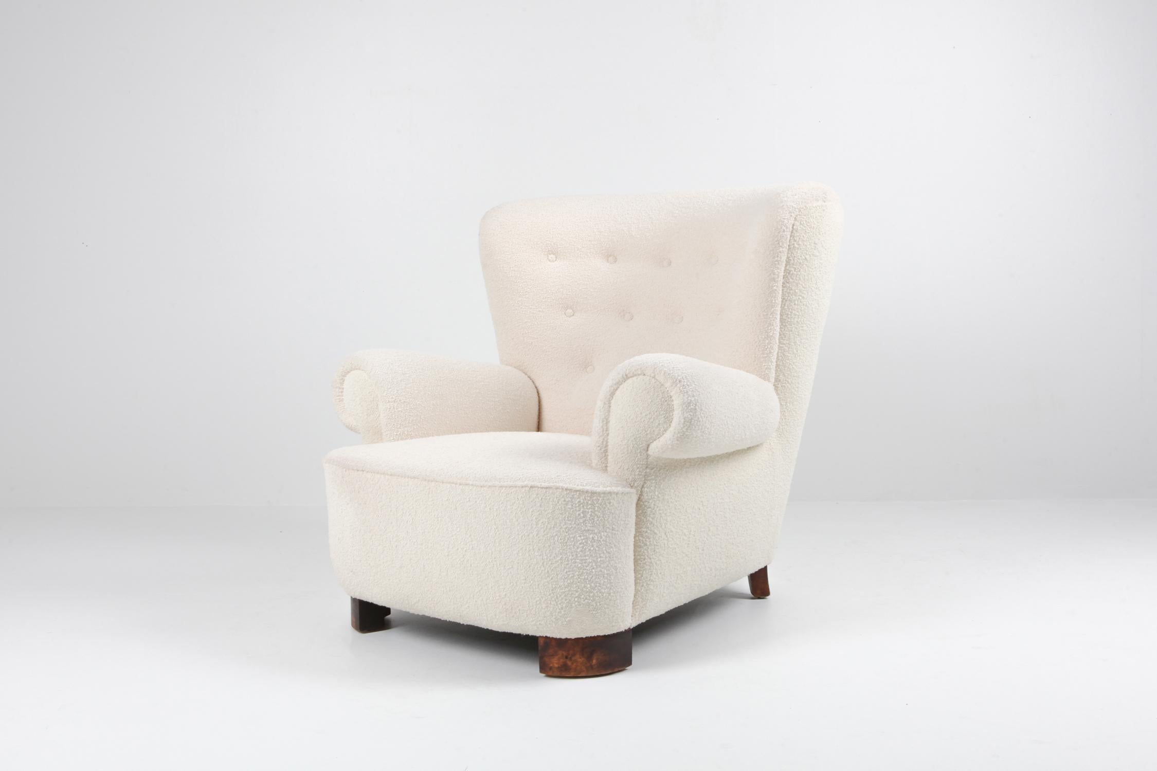 Scandinavian Modern Flemming Lassen Style Armchair in Bouclé Wool, Scandinavian Design, 1960's For Sale