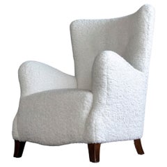 Flemming Lassen Style Danish 1940's Highback Lounge Chair in White Boucle