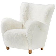 Flemming Lassen Style Danish Sheepskin Lounge Chair, circa 1930s