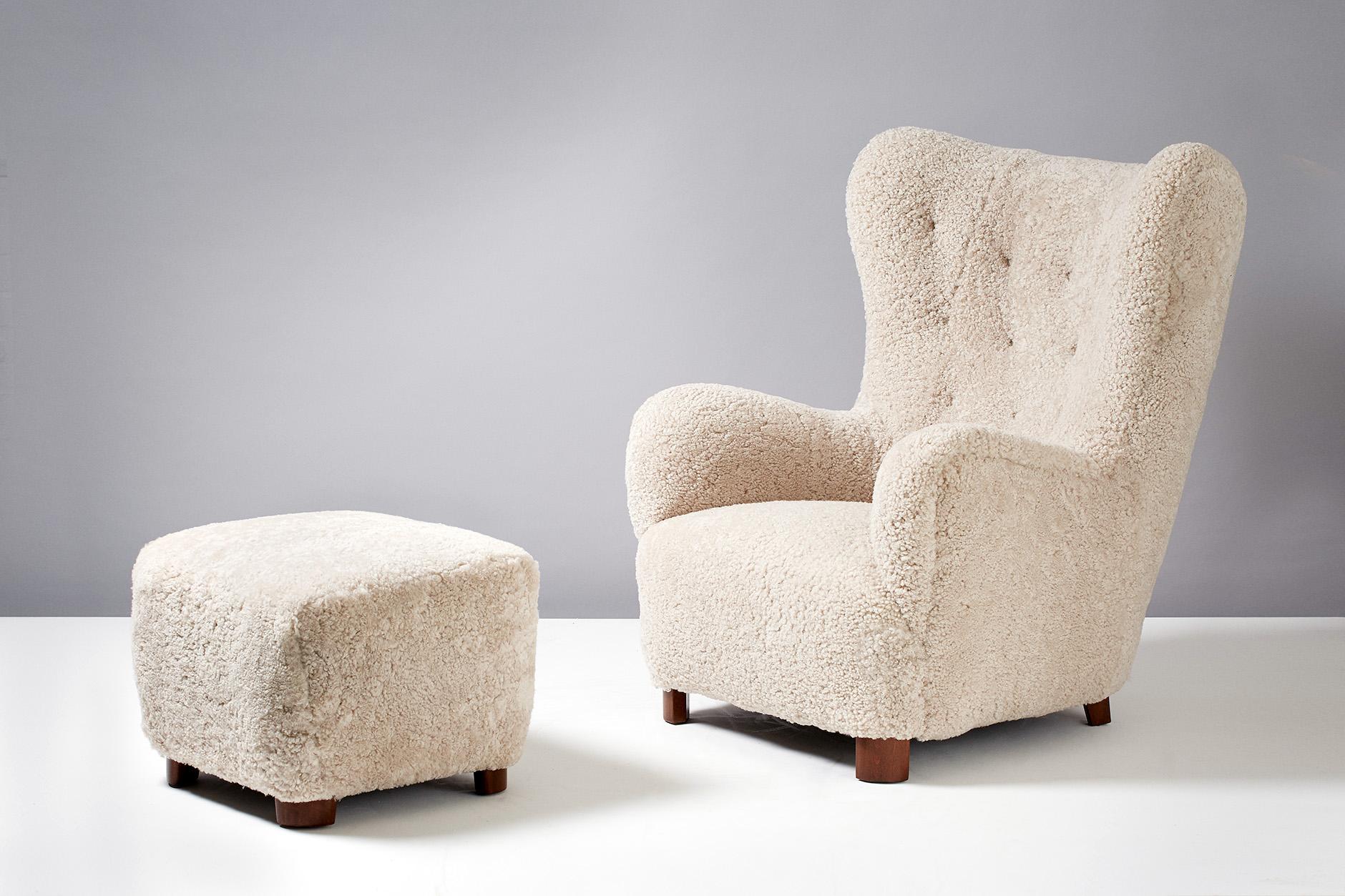 Danish Flemming Lassen Style Sheepskin Lounge Chair & Ottoman 1940s