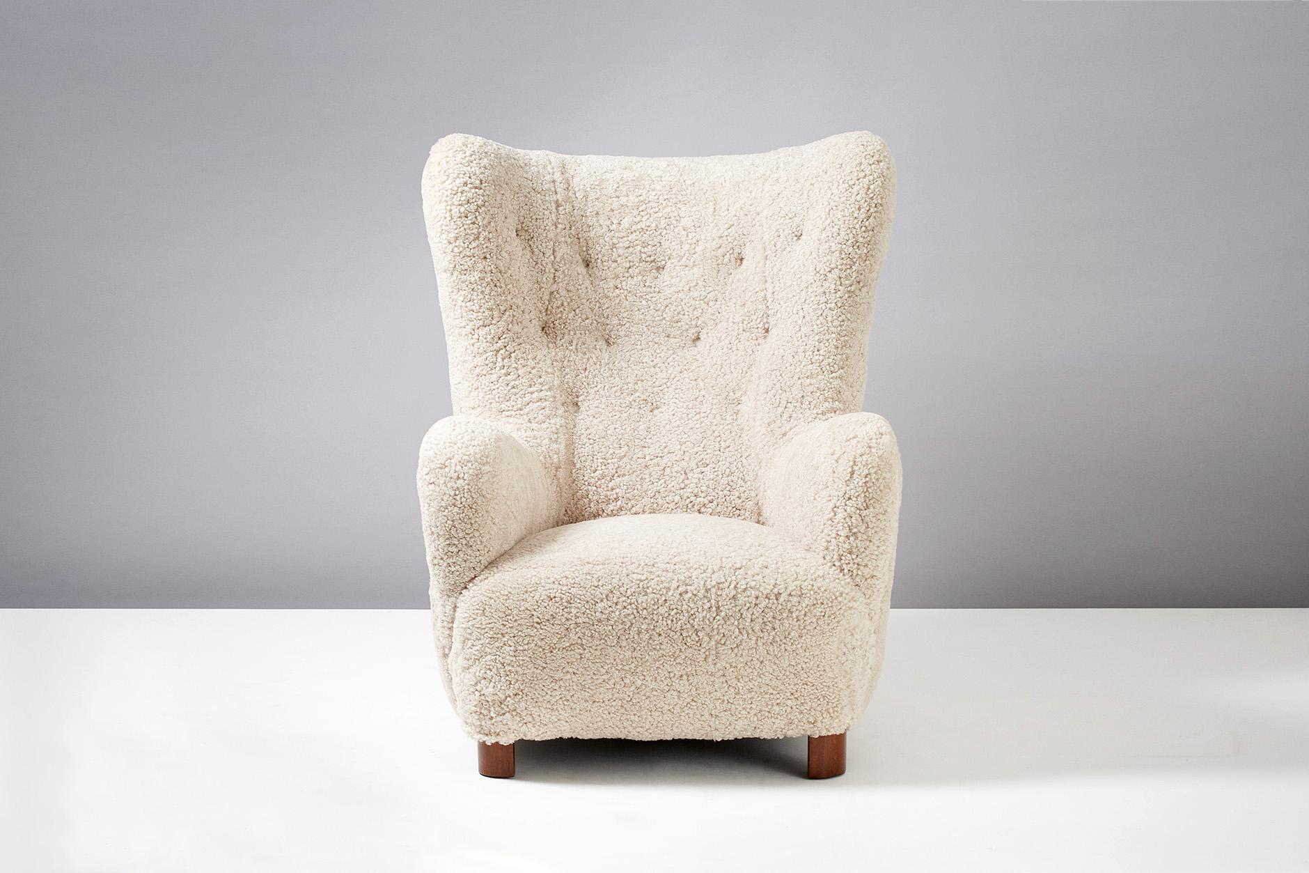 Flemming Lassen Style Sheepskin Lounge Chair & Ottoman 1940s 1
