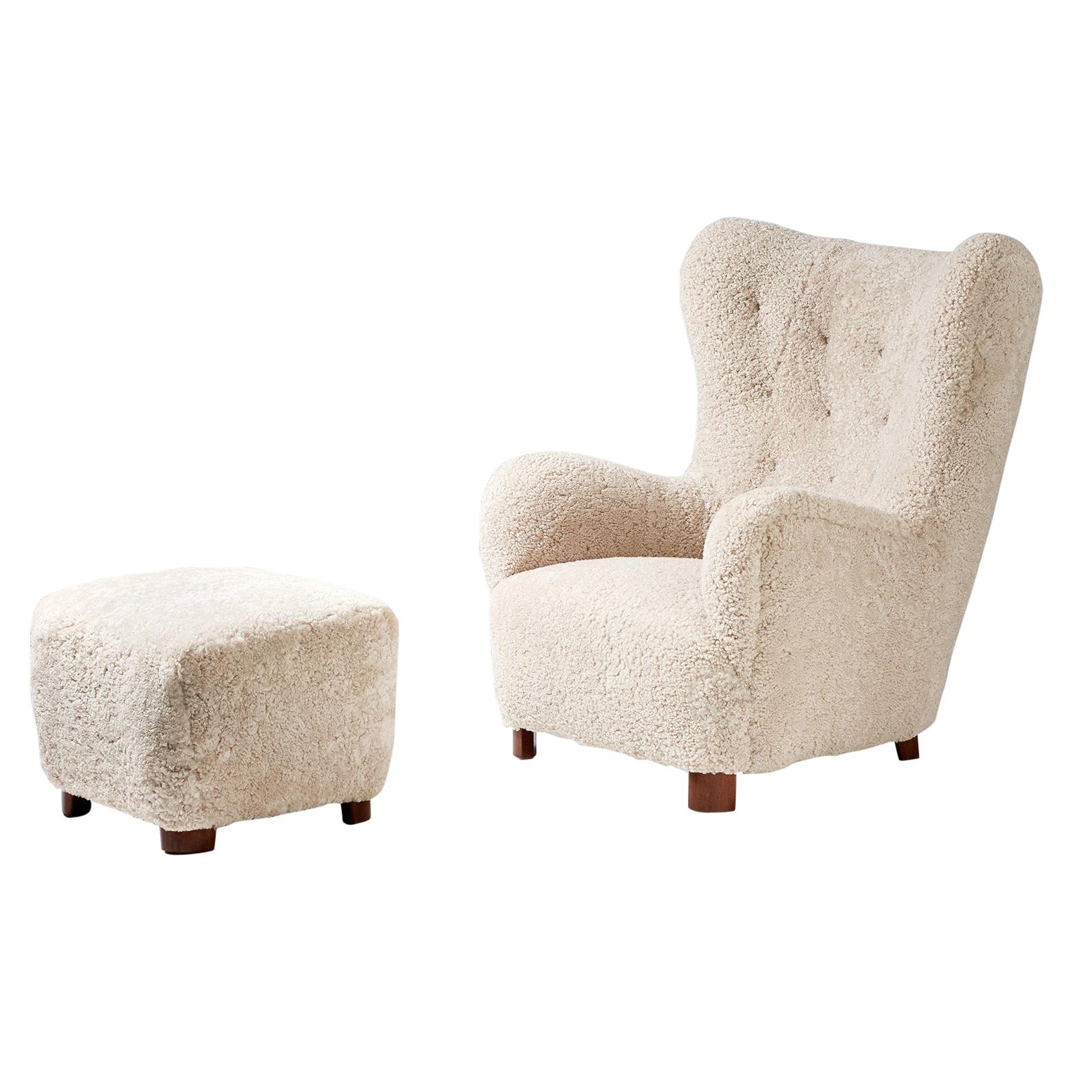Flemming Lassen Style Sheepskin Lounge Chair & Ottoman 1940s