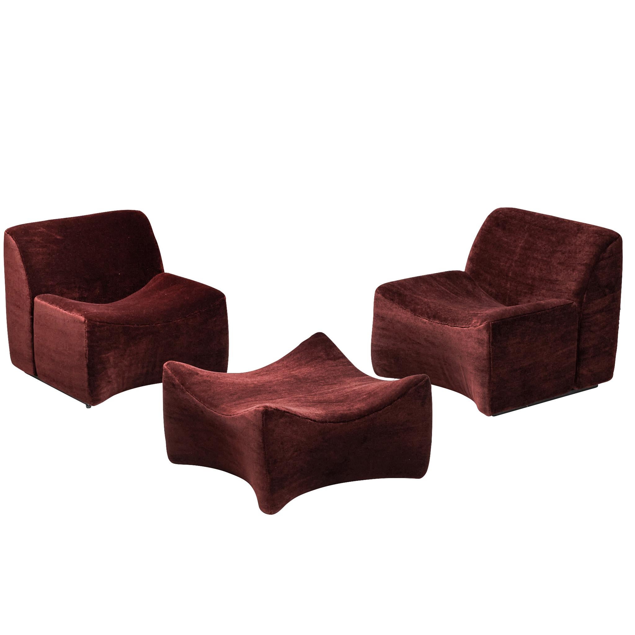 Fler 'Idler' Lounge Chairs with Ottoman in Teddy Mohair by Pierre Frey