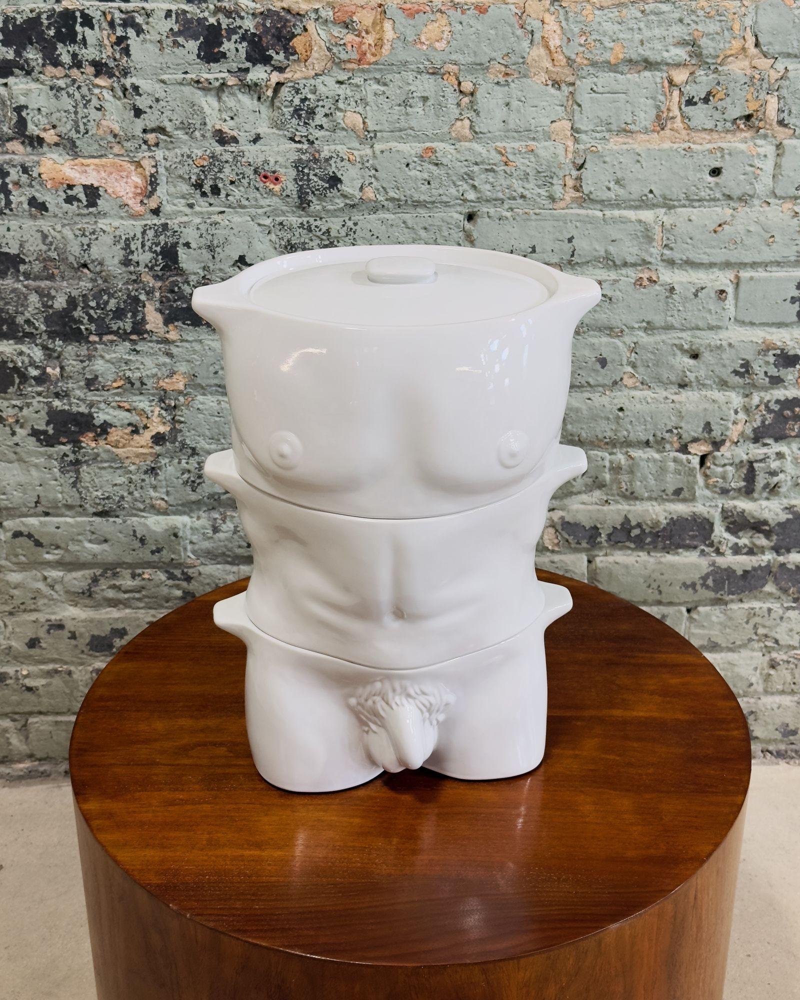Fleshpot - Morris Rushton England, 1970.
Fleshpot's are highly collectible and a award winning casserole set in white ceramic by Morris Rushton England. It is a 3 part nude torso of a man.