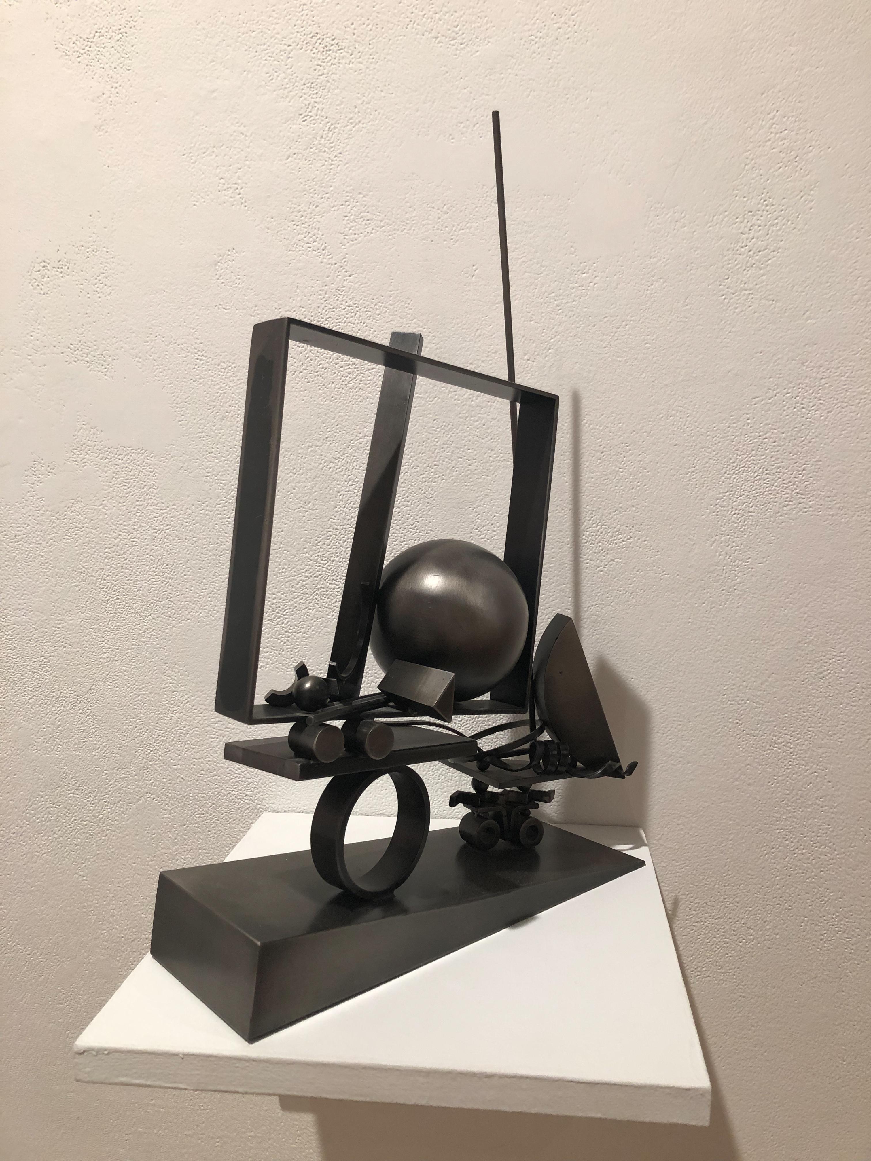 Truckin Geo 21, abstract black steel sculpture - Abstract Sculpture by Fletcher Benton