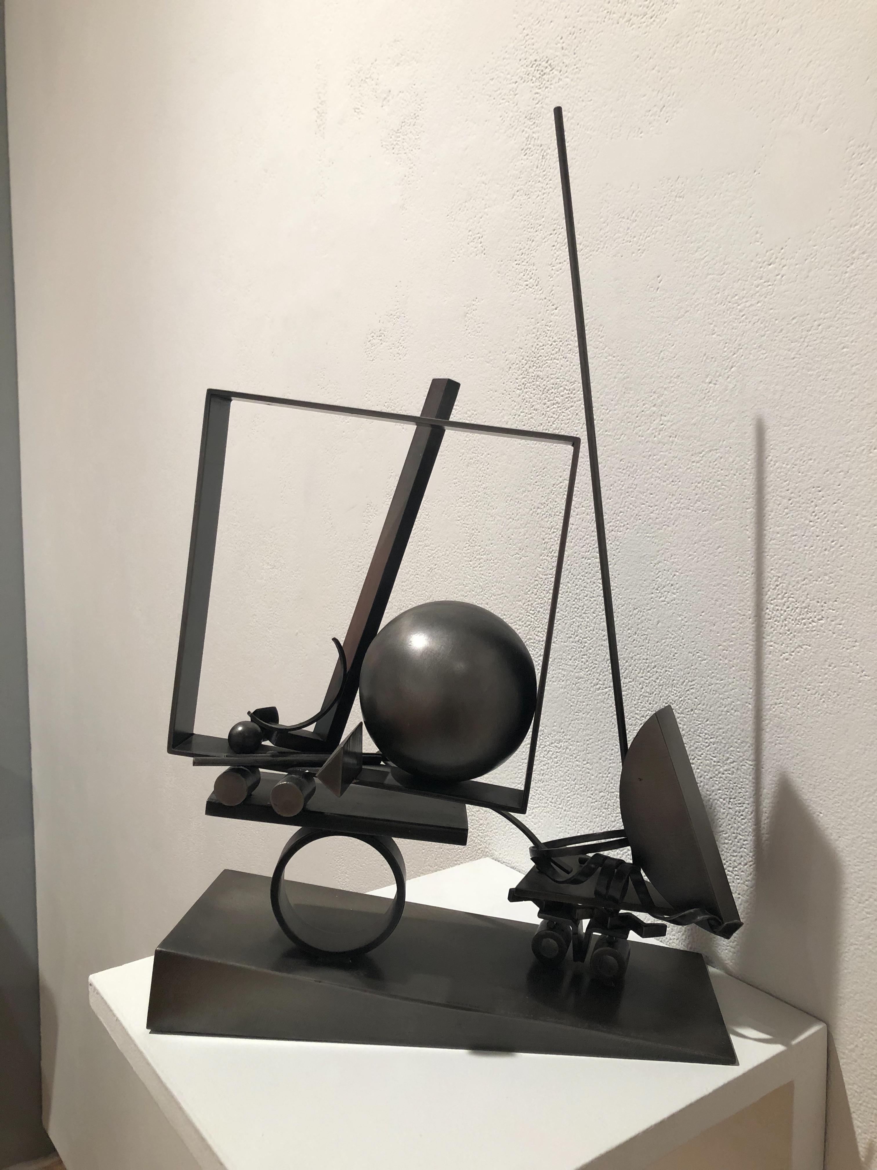 Fletcher Benton Abstract Sculpture - Truckin Geo 21, abstract black steel sculpture