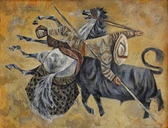 Retro BullFight Picador  Horsemen Matador. Bullfighting scene where horse is impaled  