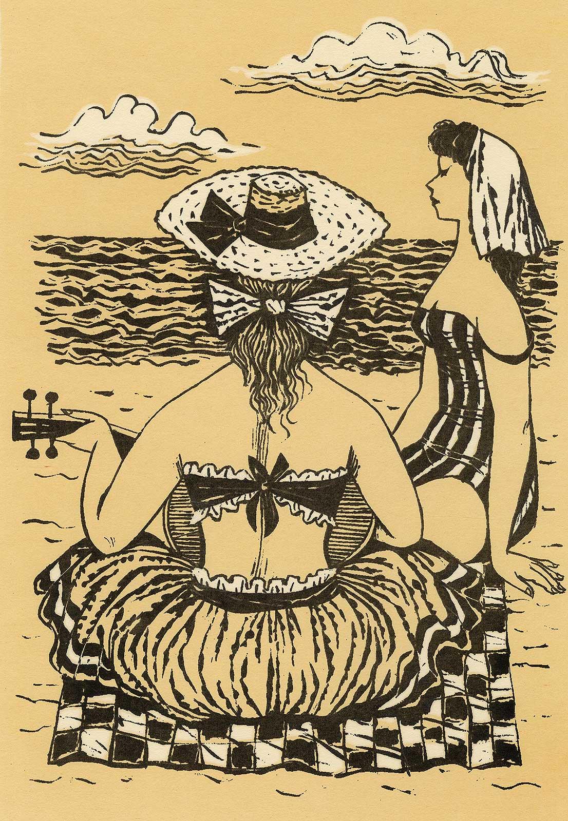 Fletcher Martin Figurative Print - Sun Women ( two women on a beach / one with her guitar)