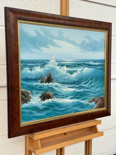 Paysage marin avec vagues se brisant sur des rochers - Huile sur toile par un artiste du 20e siècle