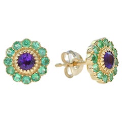Fleur Amethyst and Emerald Petal Flower Stud Earrings in 9K Yellow Gold