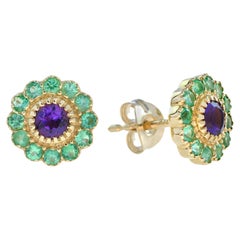 Amethyst and Emerald Petal Flower Stud Earrings in 9K Yellow Gold