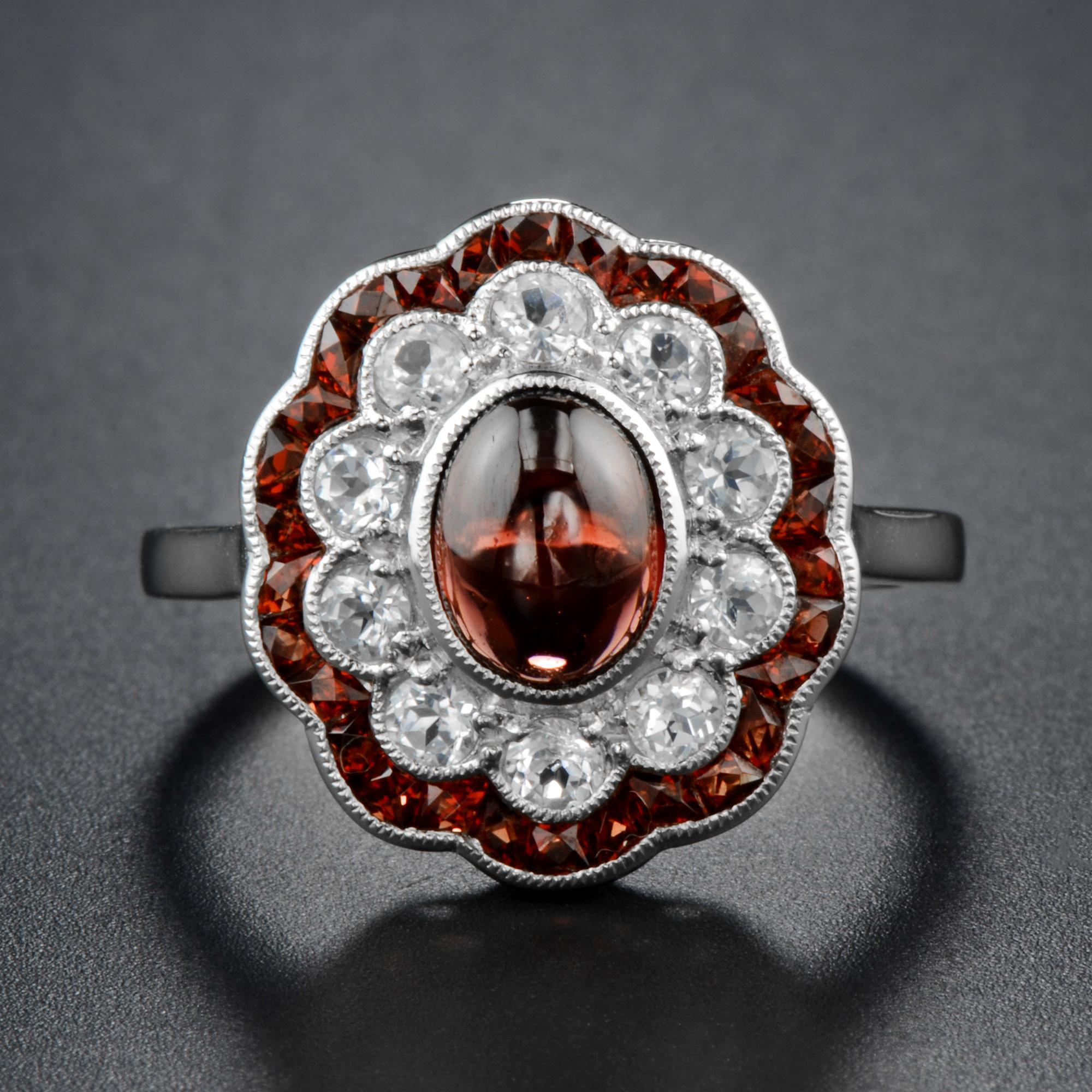 For Sale:  Fleur Art Deco Style Cabochon Garnet with Diamond and Garnet Accent Gold Ring 2