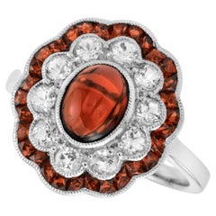 Fleur Art Deco Style Cabochon Garnet with Diamond and Garnet Accent Gold Ring
