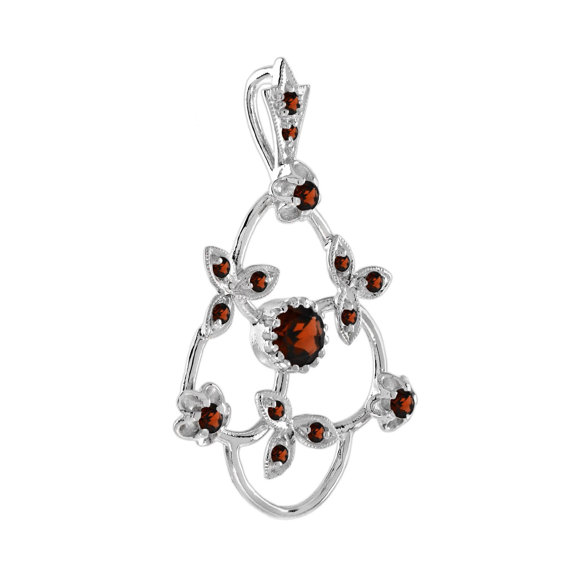 Victorian Antique Style Garnet Floral Pendant in 14K White Gold For Sale