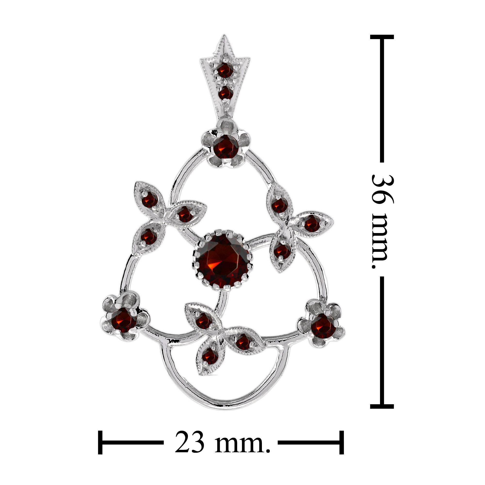 Antique Style Garnet Floral Pendant in 14K White Gold In New Condition For Sale In Bangkok, TH
