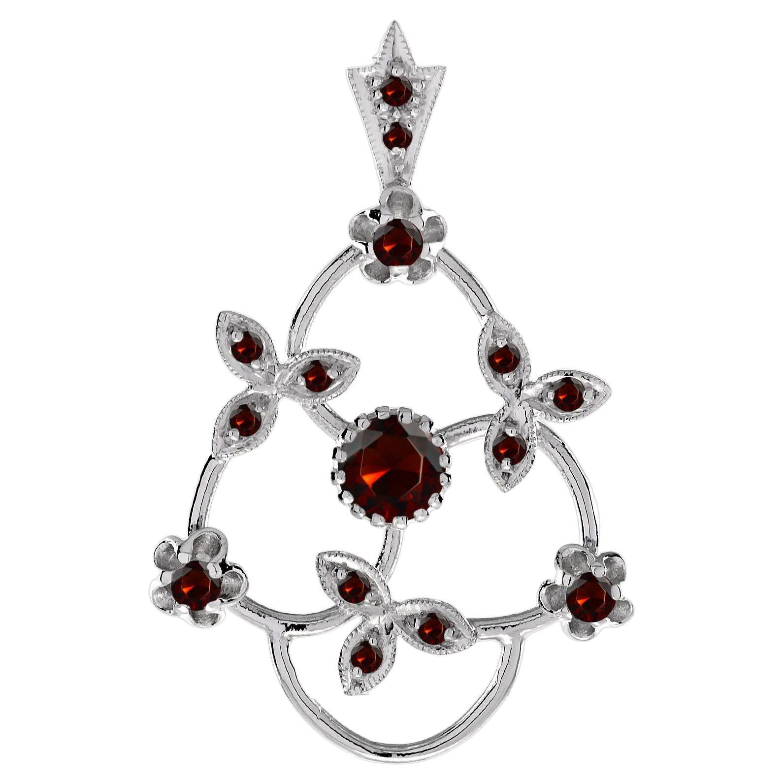 Antique Style Garnet Floral Pendant in 14K White Gold For Sale