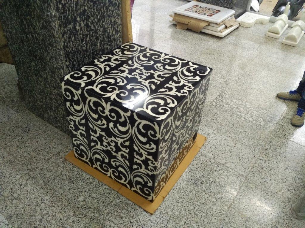 Hand-Carved Fleur Cube End Table / Stool Made with GlossyBlack Resin with Baroque Bone Inlay For Sale