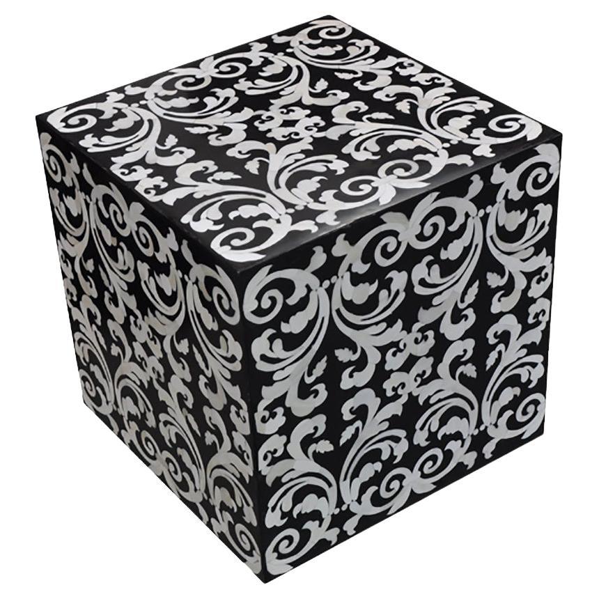 Fleur Cube End Table / Stool Made with GlossyBlack Resin with Baroque Bone Inlay For Sale