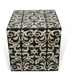 Fleur Cube End Table / Stool Made with Grey/ Black Resin with Baroque Bone Inlay